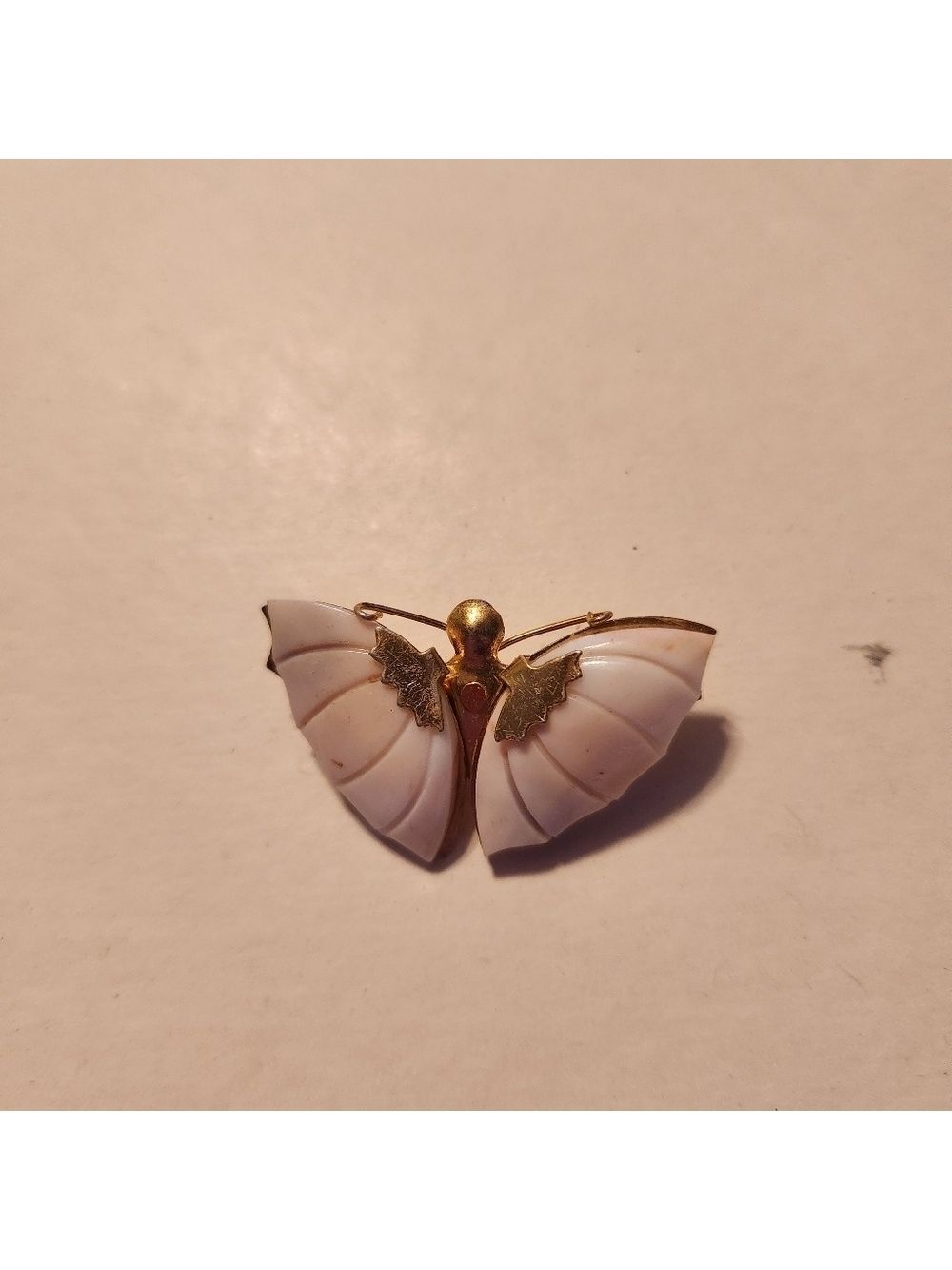 Vintage Butterfly Brooch Shell Wings Seashell Conch Carved Gold Tone Pin